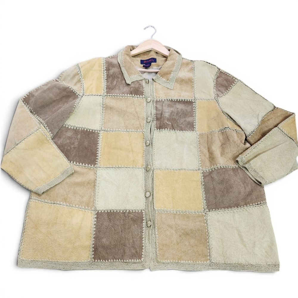 Denim & Co Womens 2X Patchwork Leather Suede Jacket Tan Brown Crochet Stitch 70s